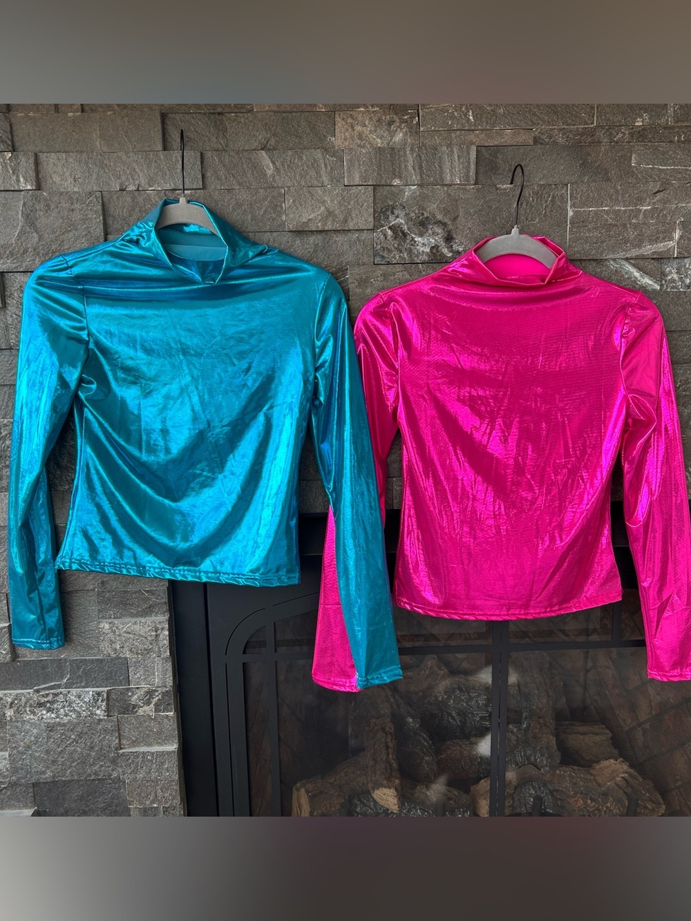 2 Metallic Mock Neck Liquid Shine Tops